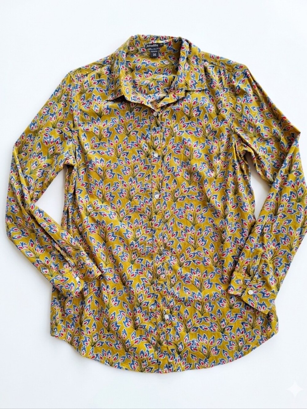 J.McLaughlin Cotton Button‑Up Shirt – Mustard Floral Print Size M